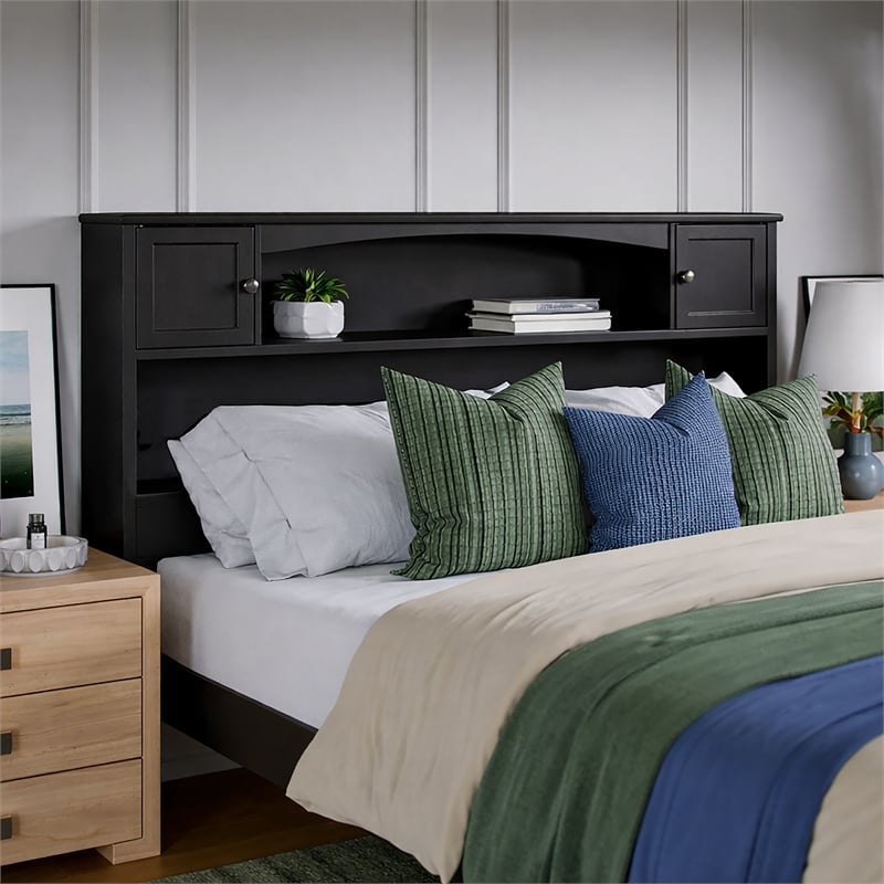 Denver Full Solid Wood Storage Bookcase Headboard in Black