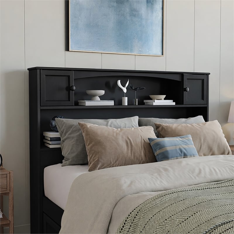Denver Full Solid Wood Storage Bookcase Headboard in Black