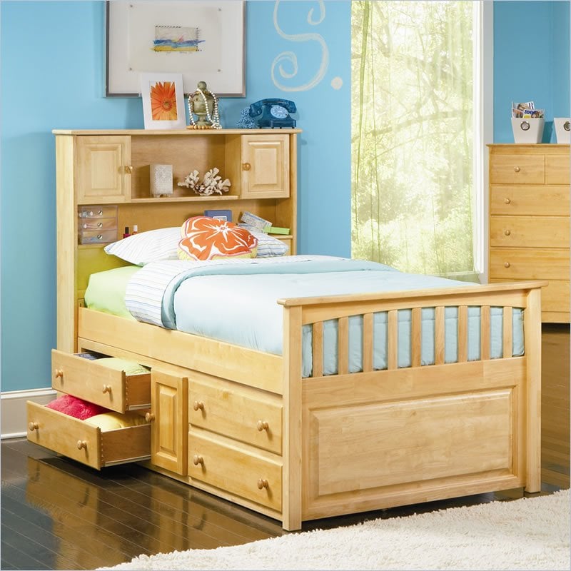 Atlantic Furniture Captain's Bookcase Bed with Underbed 4 Drawer Chest in Natural Maple