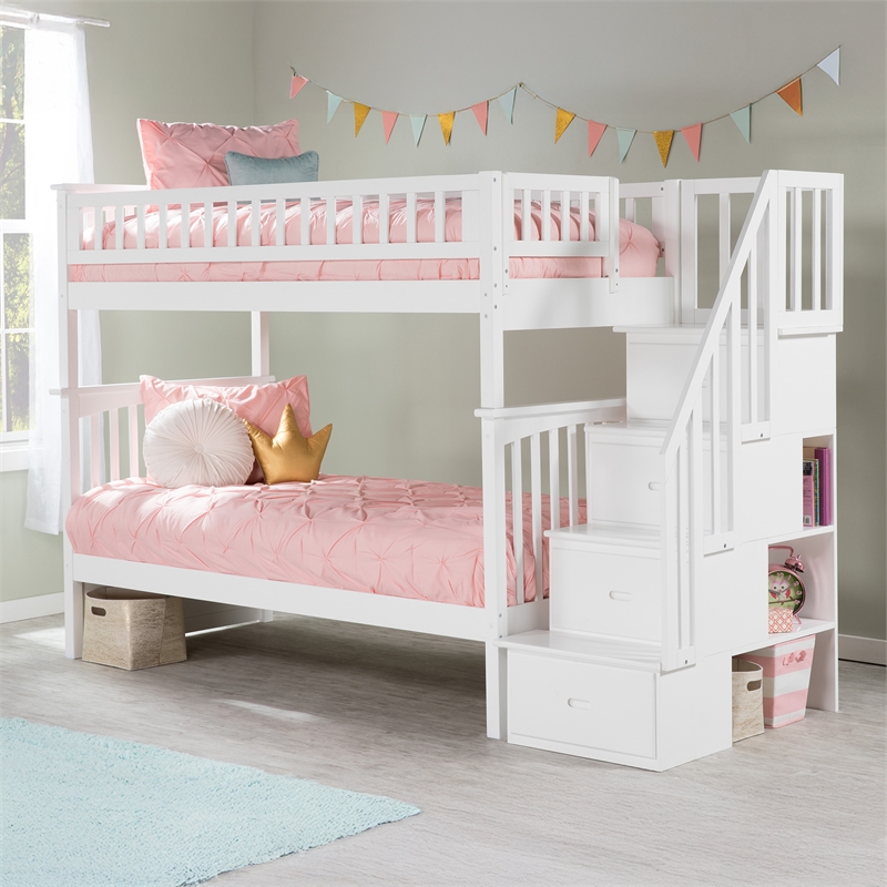 AFI Columbia Twin Over Twin Solid Wood Staircase Bunk Bed in White
