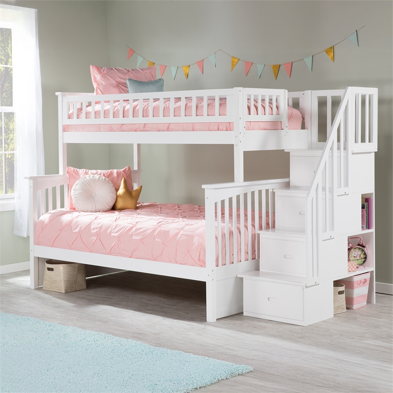AFI Columbia Twin Over Full Solid Wood Staircase Bunk Bed in White