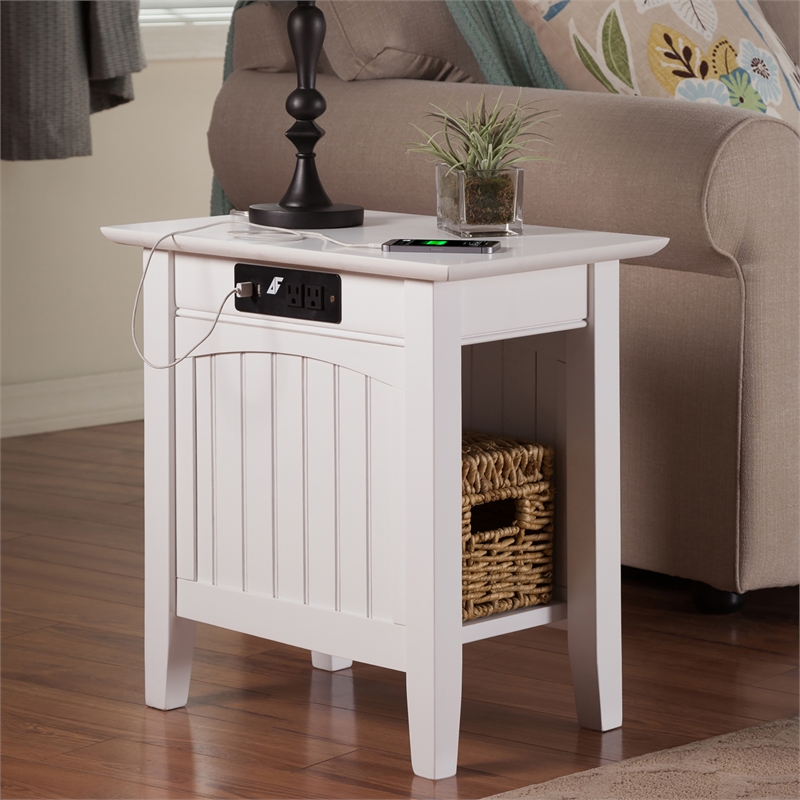 AFI Nantucket Solid Wood Chair Side Table with Built in Device Charger in White