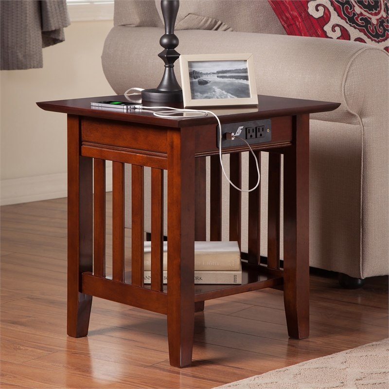 AFI Mission Solid Wood End Table with Built in Device Charger in Brown Walnut