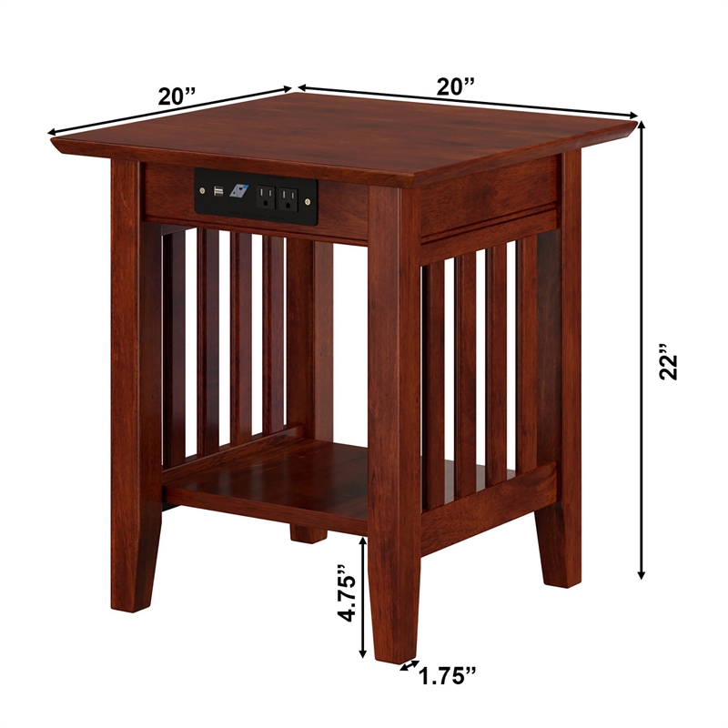 AFI Mission Solid Wood End Table with Built in Device Charger in Brown Walnut