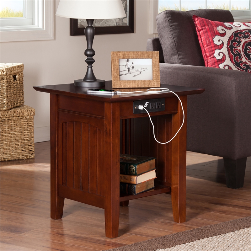 AFI Nantucket Solid Wood End Table with Built In Device Charger in Walnut